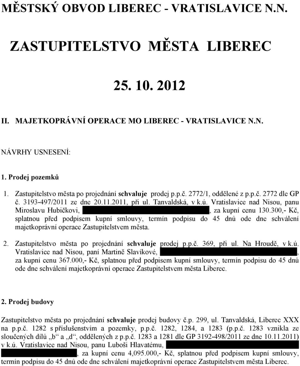 Vratislavice nad Nisou, panu Miroslavu Hubičkovi, bytem Halasova 893/4, 460 06 Liberec VI, za kupní cenu 130.