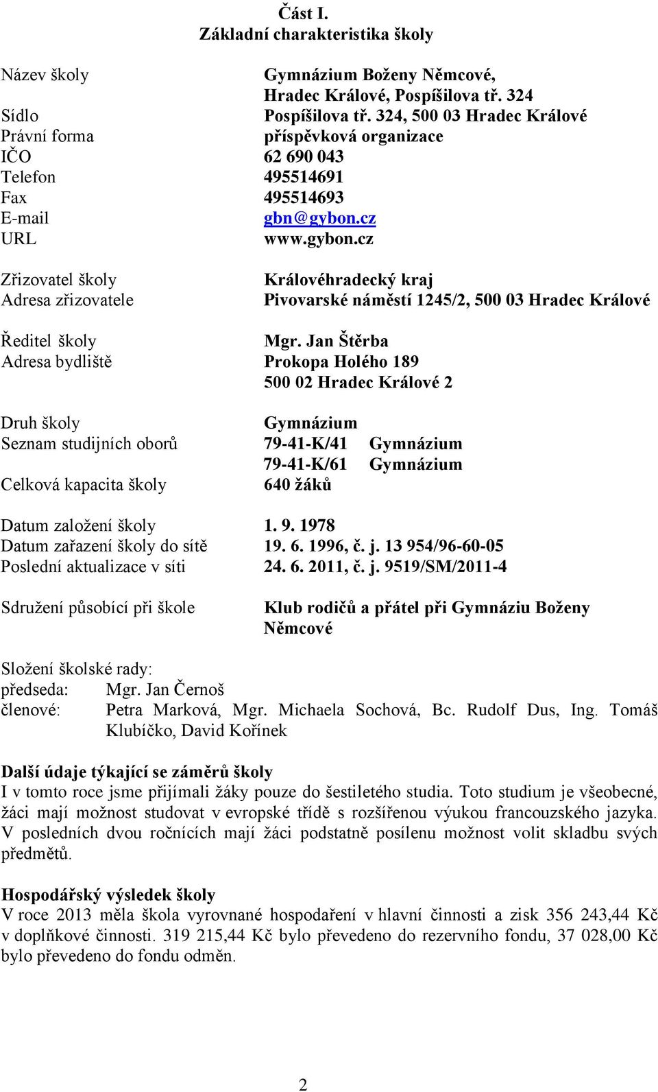 cz URL www.gybon.cz Zřizovatel školy Adresa zřizovatele Královéhradecký kraj Pivovarské náměstí 1245/2, 500 03 Hradec Králové Ředitel školy Mgr.