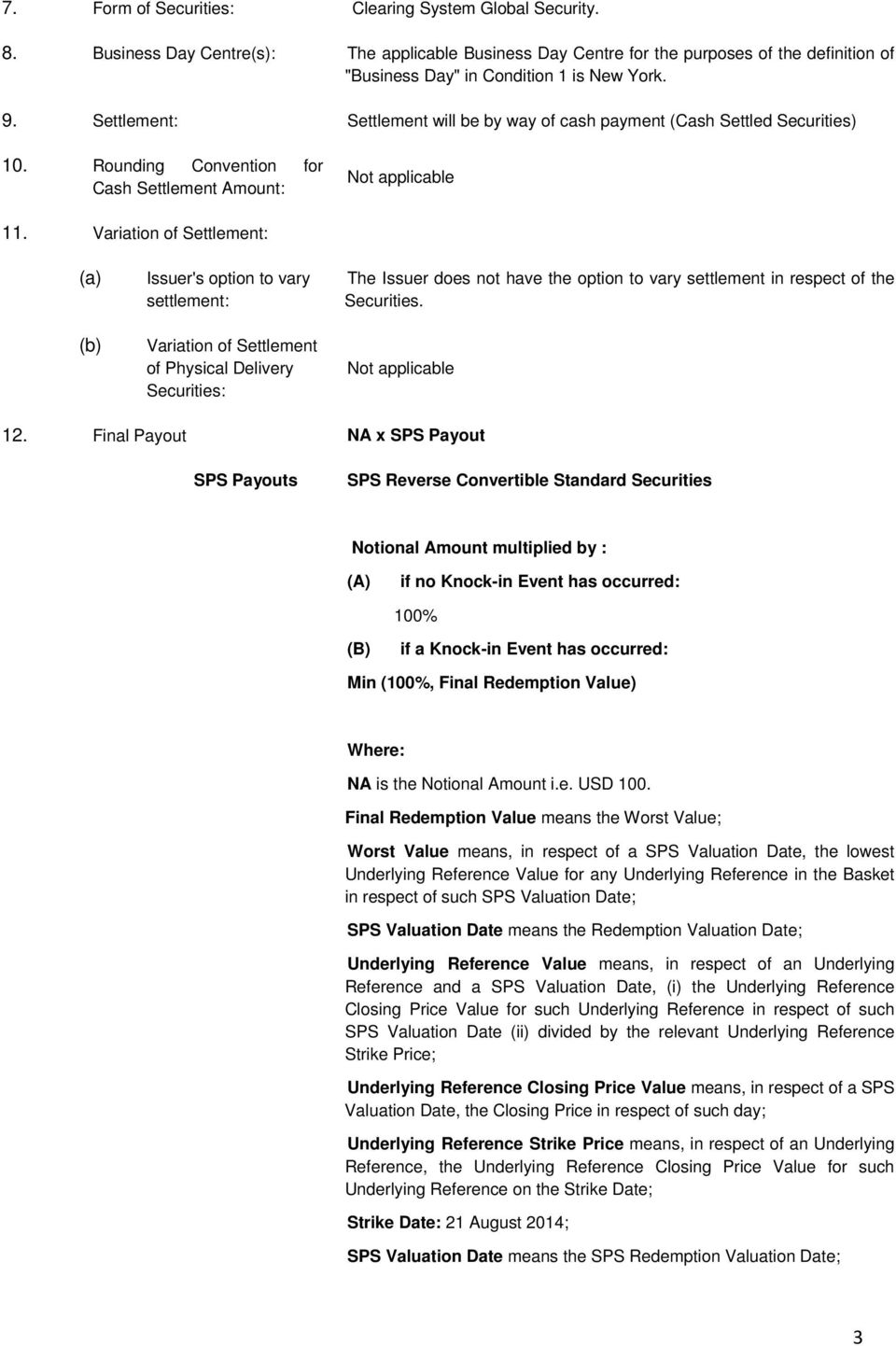 Variation of Settlement: (a) (b) Issuer's option to vary settlement: Variation of Settlement of Physical Delivery Securities: The Issuer does not have the option to vary settlement in respect of the