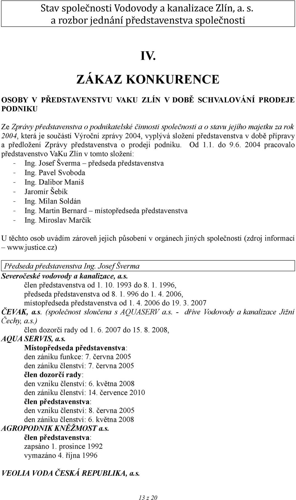 2004 pracovalo představenstvo VaKu Zlín v tomto složení: - Ing. Josef Šverma předseda představenstva - Ing. Pavel Svoboda - Ing. Dalibor Maniš - Jaromír Šebík - Ing. Milan Soldán - Ing.