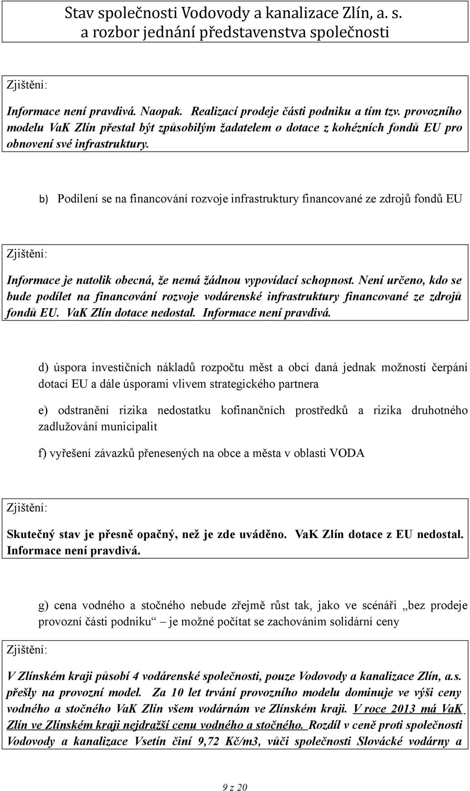 Není určeno, kdo se bude podílet na financování rozvoje vodárenské infrastruktury financované ze zdrojů fondů EU. VaK Zlín dotace nedostal. Informace není pravdivá.