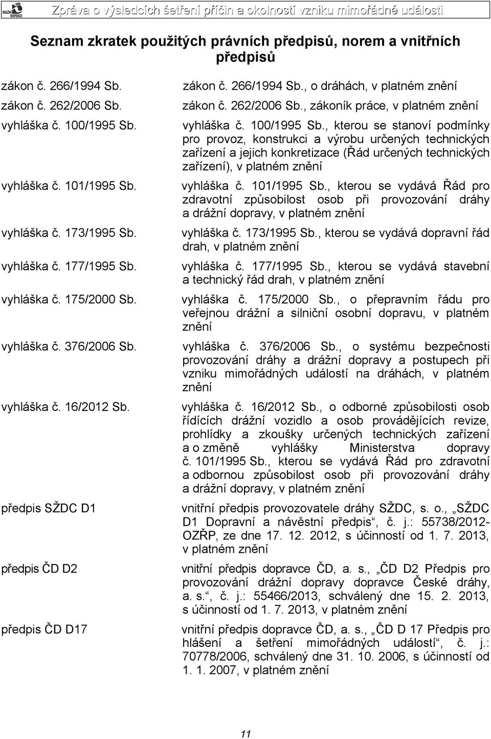 , o dráhách, v platném znění zákon č. 262/2006 Sb., zákoník práce, v platném znění vyhláška č. 100/1995 Sb.
