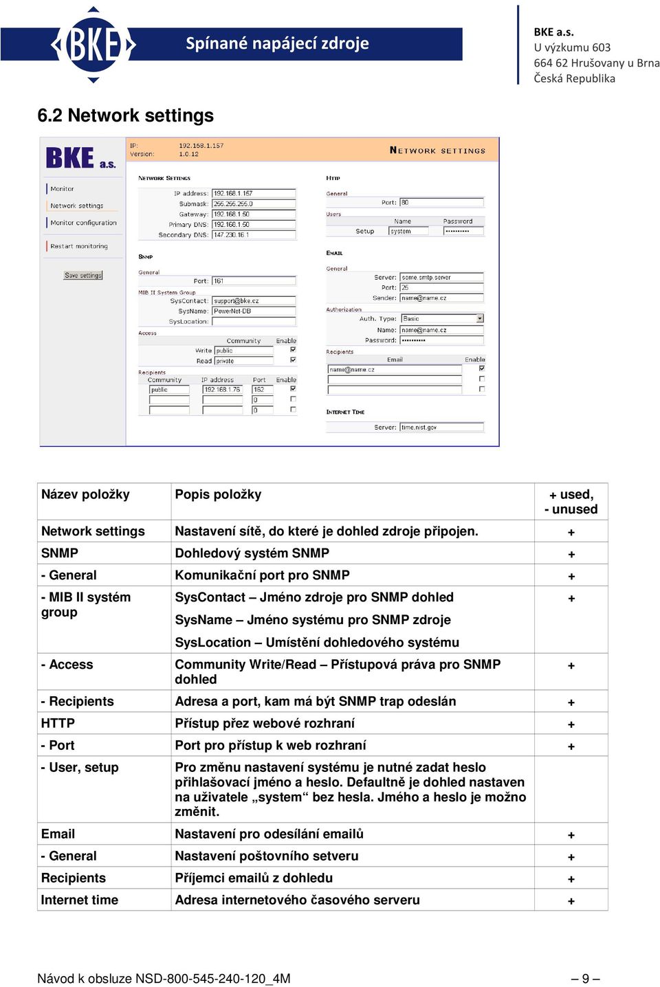 dohledového systému - Access Community Write/Read Přístupová práva pro SNMP dohled - Recipients Adresa a port, kam má být SNMP trap odeslán + HTTP Přístup přez webové rozhraní + - Port Port pro