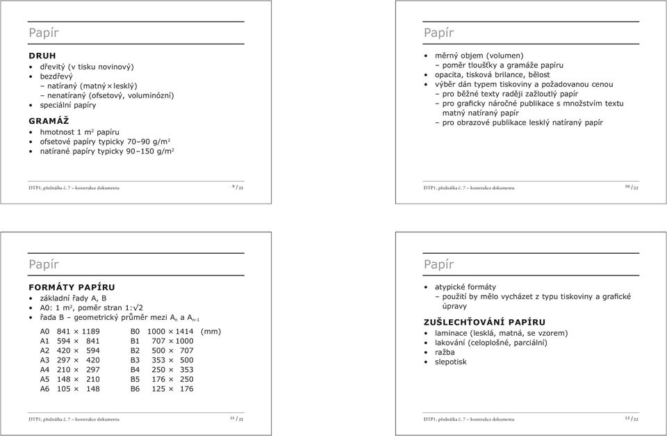zažloutlý papír pro graficky náročné publikace s množstvím textu matný natíraný papír pro obrazové publikace lesklý natíraný papír DTP1, přednáška č. 7 konstrukce dokumentu ⁹ /22 DTP1, přednáška č.
