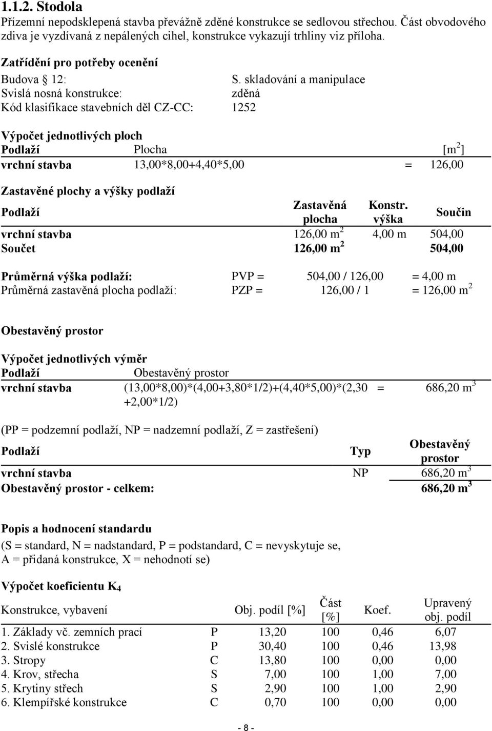 skladování a manipulace Svislá nosná konstrukce: zděná Kód klasifikace stavebních děl CZ-CC: 1252 Výpočet jednotlivých ploch Podlaží Plocha [m 2 ] vrchní stavba 13,00*8,00+4,40*5,00 = 126,00