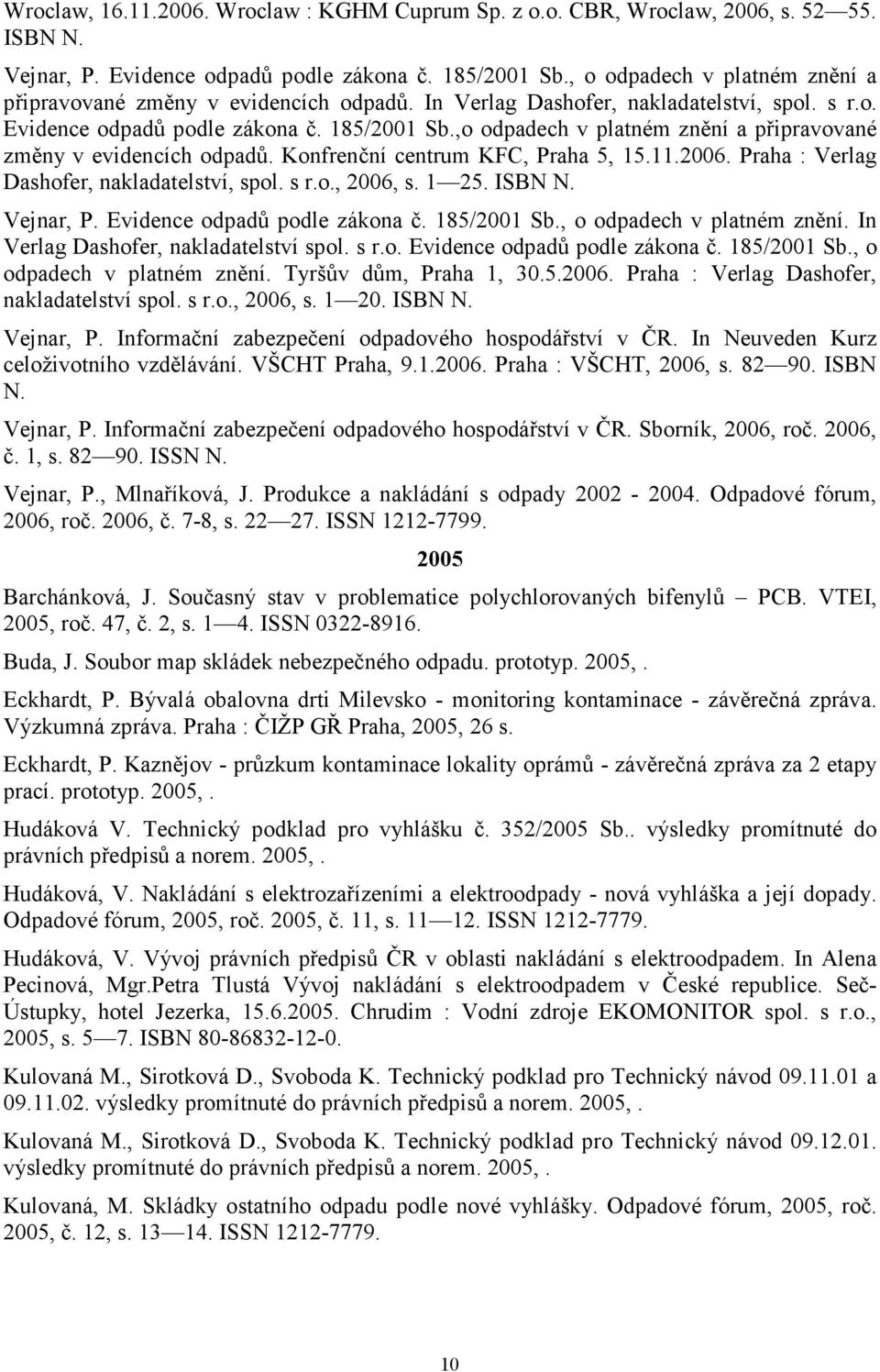 ,o odpadech v platném znění a připravované změny v evidencích odpadů. Konfrenční centrum KFC, Praha 5, 15.11.2006. Praha : Verlag Dashofer, nakladatelství, spol. s r.o., 2006, s. 1 25. ISBN N.