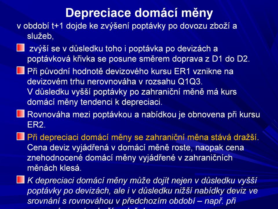 Rovnováha mezi poptávkou a nabídkou je obnovena při kursu ER2. Při depreciaci domácí měny se zahraniční měna stává dražší.