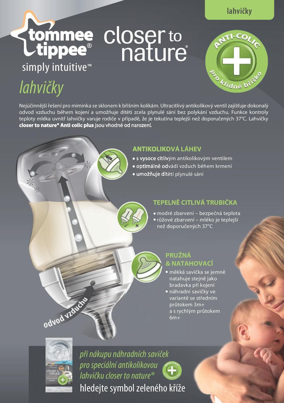 Funkce kontroly teploty mléka uvnitř lahvičky varuje rodiče v případě, že je tekutina teplejší než doporučených 37 C. Lahvičky closer to nature Anti colic plus jsou vhodné od narození.