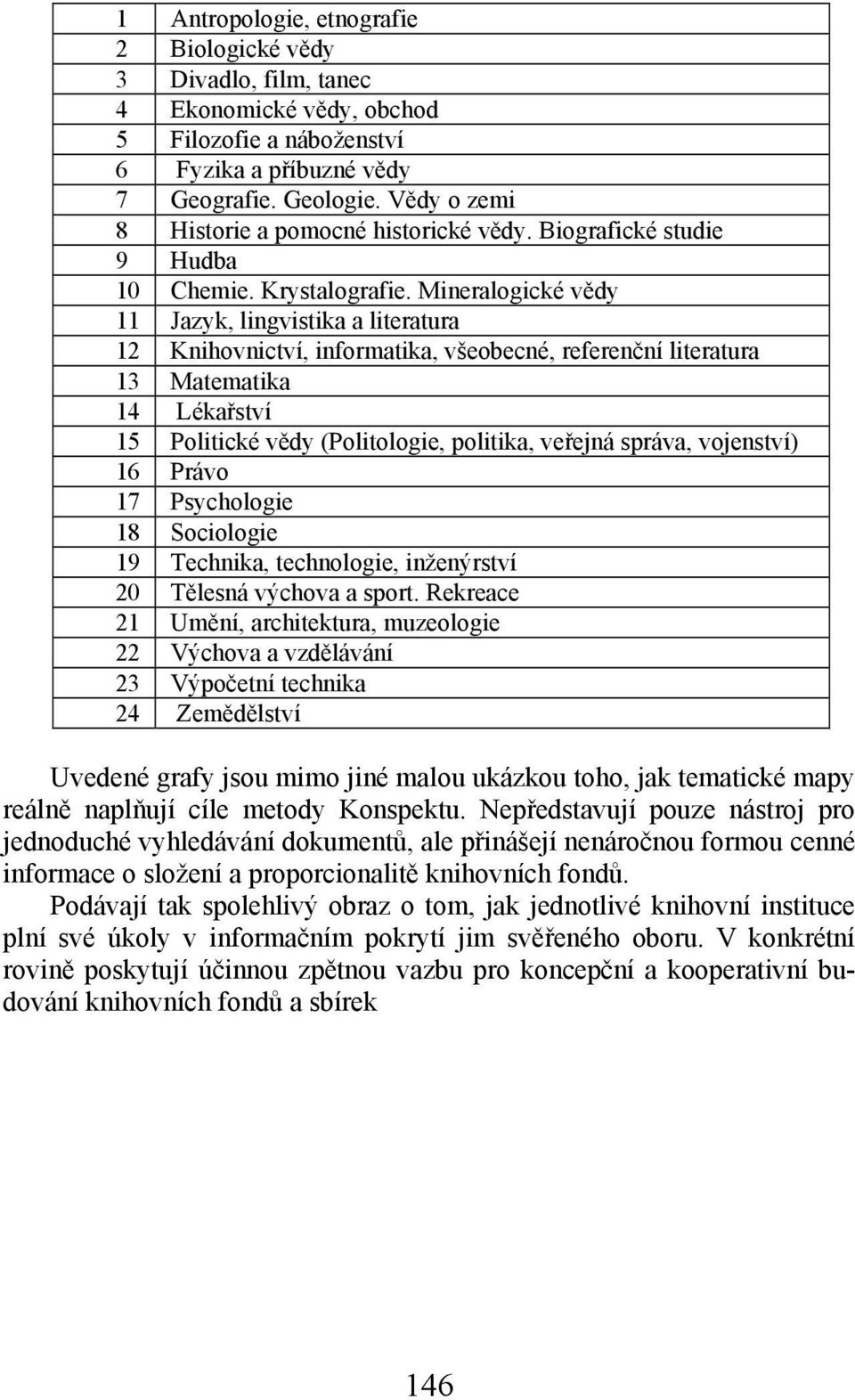 Mineralogické vědy 11 Jazyk, lingvistika a literatura 12 Knihovnictví, informatika, všeobecné, referenční literatura 13 Matematika 14 Lékařství 15 Politické vědy (Politologie, politika, veřejná