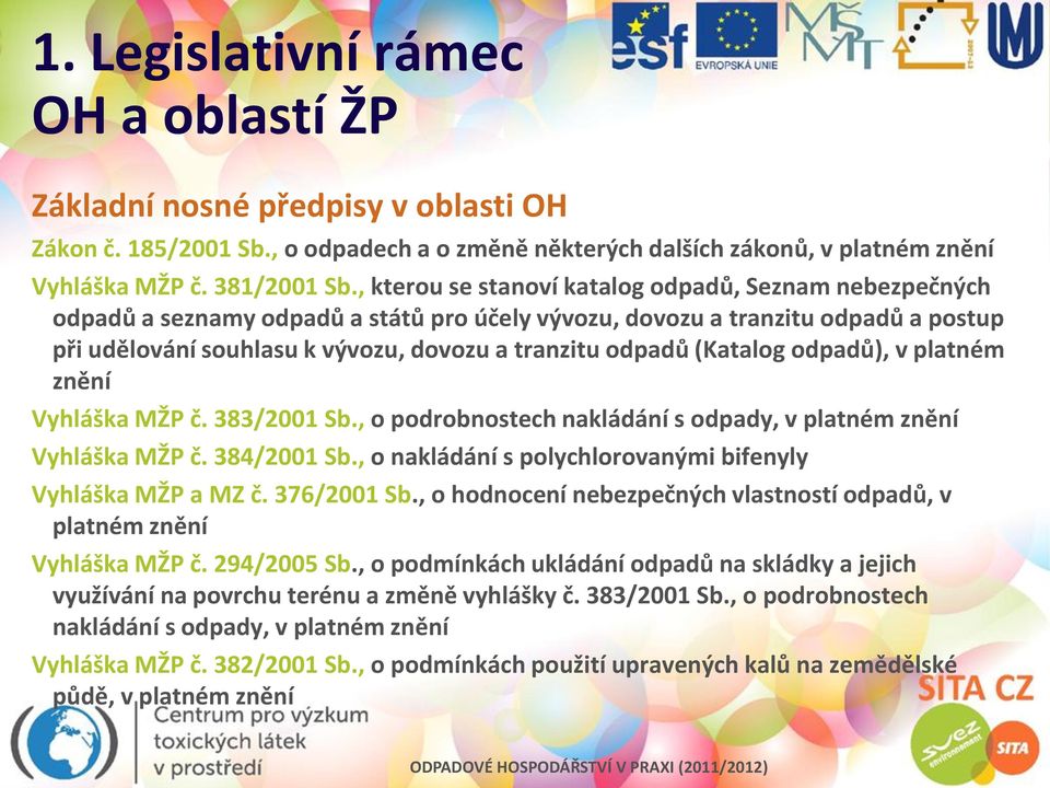 (Katalog odpadů), v platném znění Vyhláška MŽP č. 383/2001 Sb., o podrobnostech nakládání s odpady, v platném znění Vyhláška MŽP č. 384/2001 Sb.