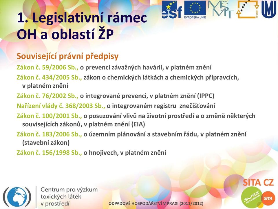 368/2003 Sb., o integrovaném registru znečišťování Zákon č. 100/2001 Sb.