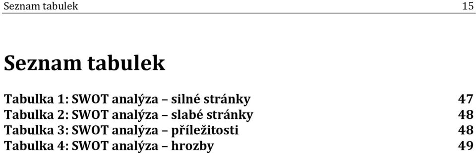 analýza slabé stránky 48 Tabulka 3: SWOT