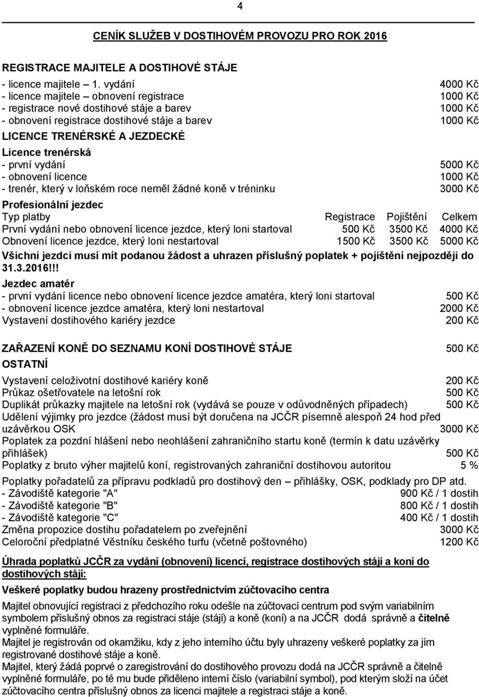 Licence trenérská - první vydání 5000 Kč - obnovení licence 1000 Kč - trenér, který v loňském roce neměl žádné koně v tréninku 3000 Kč Profesionální jezdec Typ platby Registrace Pojištění Celkem