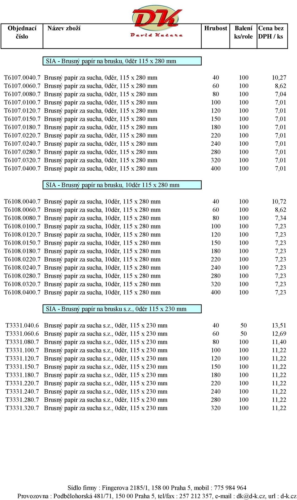 0150.7 Brusný papír za sucha, 0děr, 115 x 280 mm 150 100 7,01 T6107.0180.7 Brusný papír za sucha, 0děr, 115 x 280 mm 180 100 7,01 T6107.0220.