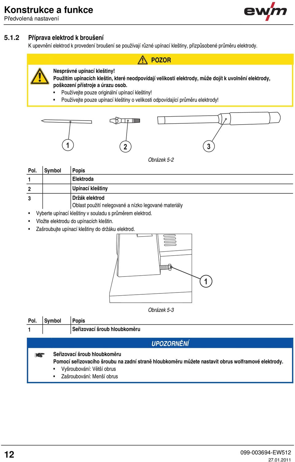 Používejte pouze originální upínací kleštiny! Používejte pouze upínací kleštiny o velikosti odpovídající průměru elektrody! Obrázek 5-2 Pol.