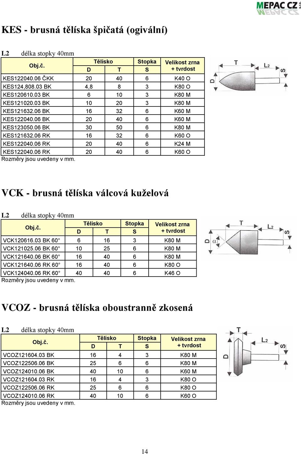 06 RK 20 40 6 K24 M KES122040.06 RK 20 40 6 K60 O VCK - brusná tělíska válcová kuželová L2 délka stopky 40mm Tělísko Stopka Velikost zrna + tvrdost D T S VCK120616.03 BK 60 6 16 3 K80 M VCK121025.