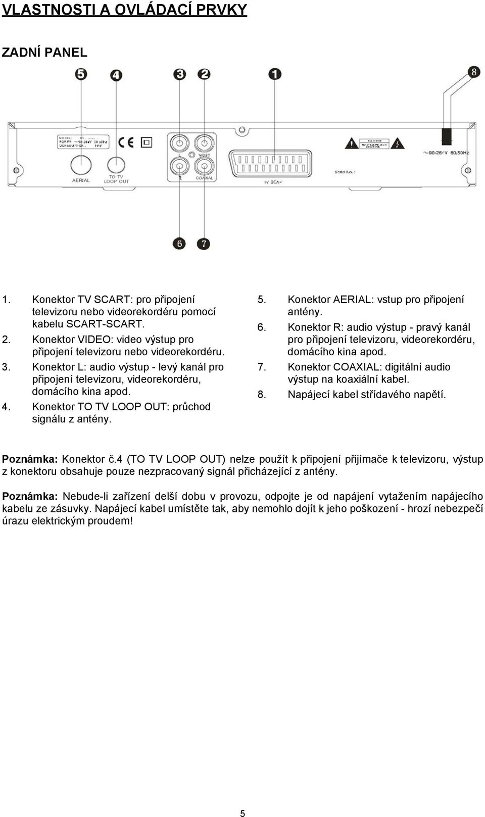 Konektor TO TV LOOP OUT: průchod signálu z antény. 5. Konektor AERIAL: vstup pro připojení antény. 6.