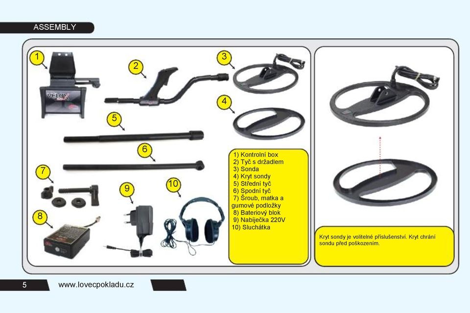 podložky 8) Bateriový blok 9) Nabíječka 220V 10) Sluchátka Kryt sondy je