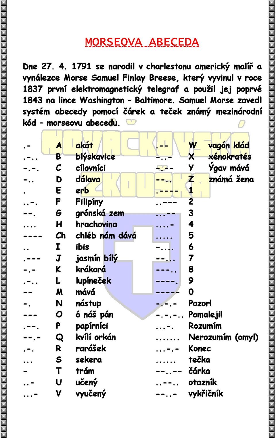 Samuel Morse zavedl systém abecedy pomocí čárek a teček známý mezinárodní kód morseovu abecedu..- A akát.-- W vagón klád.-.. B blýskavice -..- X xénokratés -.-. C cílovníci -.-- Y Ýgav mává -.