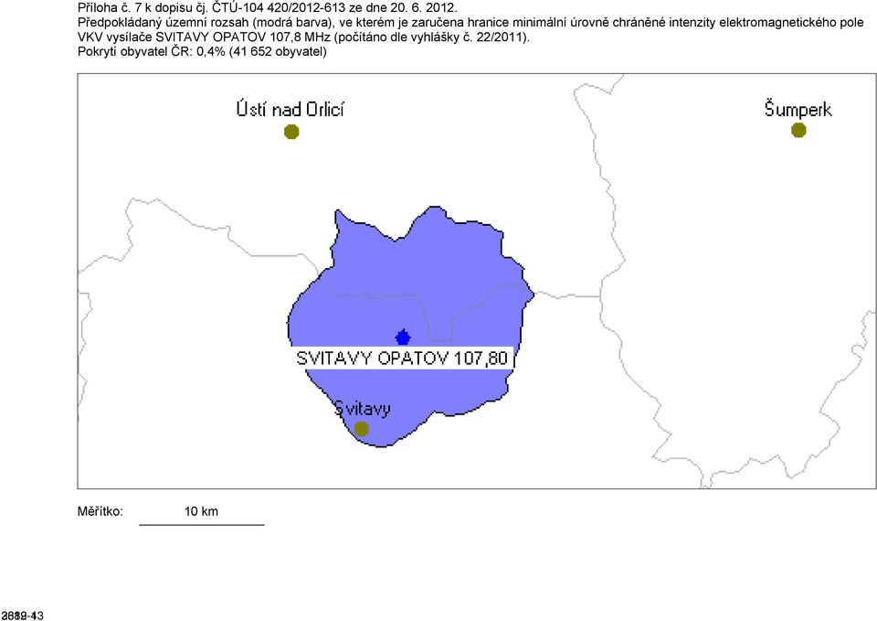 úrovně chráněné intenzity elektromagnetického pole VKV vysílače SVITAVY OPATOV 107,8