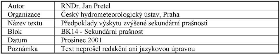 Praha Název textu Předpoklady výskytu zvýšené sekundární