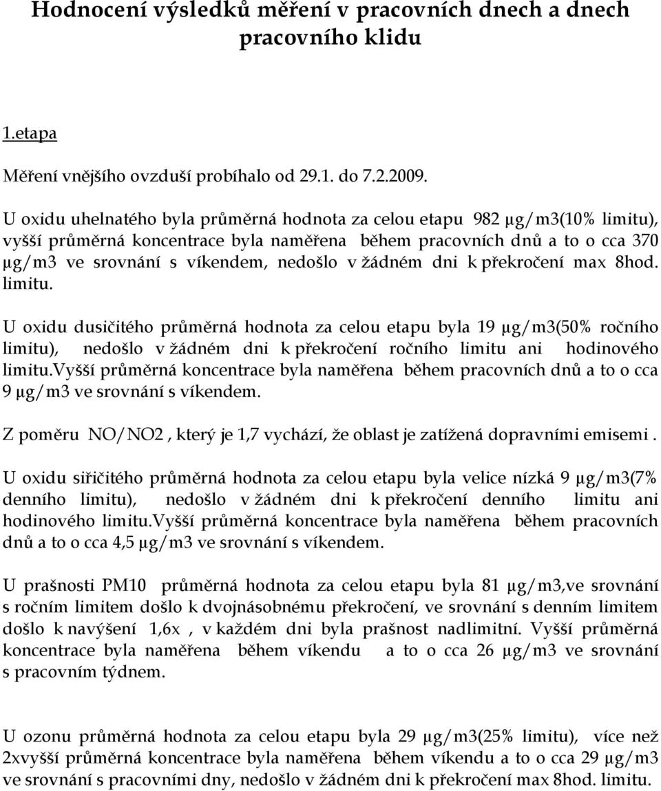 žádném dni k překročení max 8hod. limitu. U oxidu dusičitého průměrná hodnota za celou etapu byla 19 µg/m3(50% ročního limitu), nedošlo v žádném dni k překročení ročního limitu ani hodinového limitu.