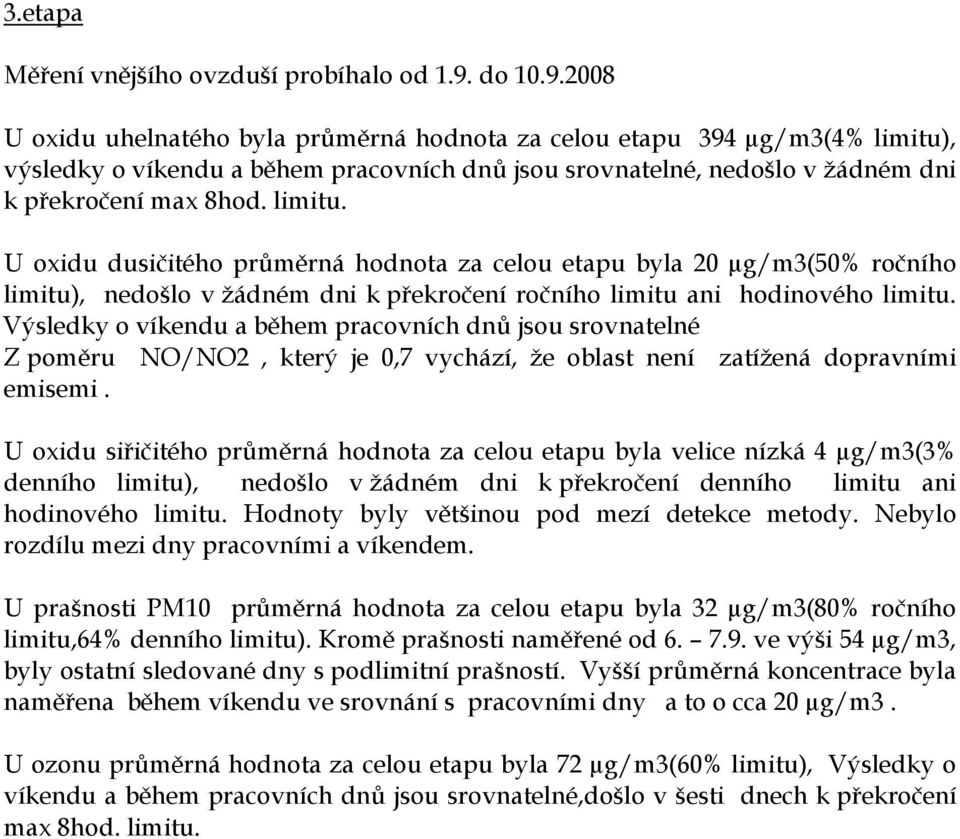 limitu. U oxidu dusičitého průměrná hodnota za celou etapu byla 20 µg/m3(50% ročního limitu), nedošlo v žádném dni k překročení ročního limitu ani hodinového limitu.