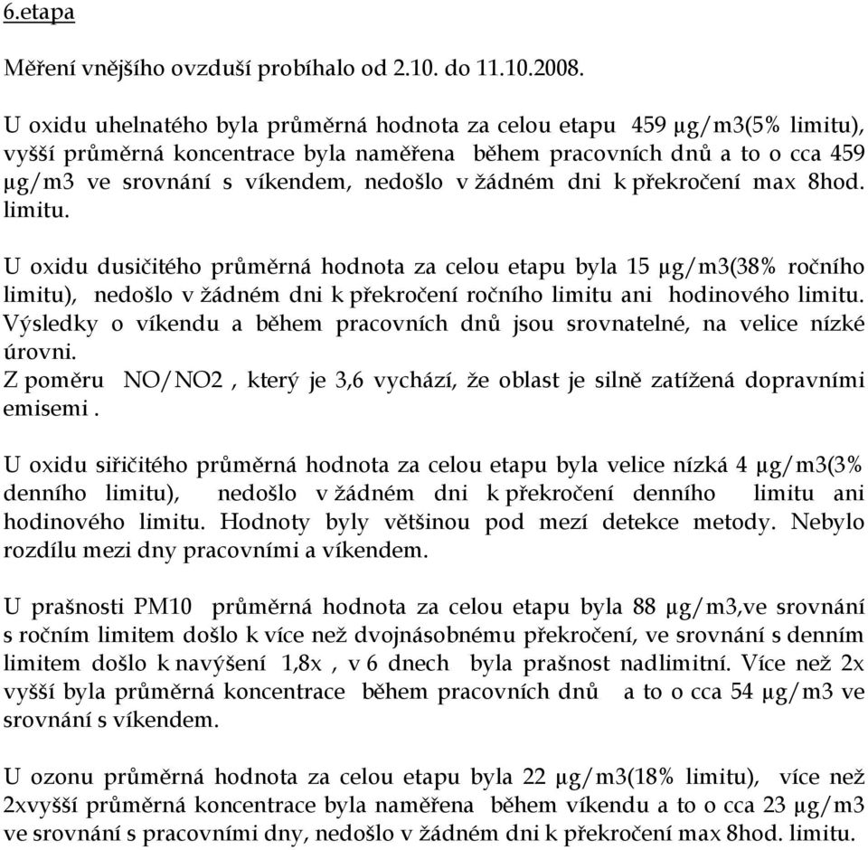 žádném dni k překročení max 8hod. limitu. U oxidu dusičitého průměrná hodnota za celou etapu byla 15 µg/m3(38% ročního limitu), nedošlo v žádném dni k překročení ročního limitu ani hodinového limitu.