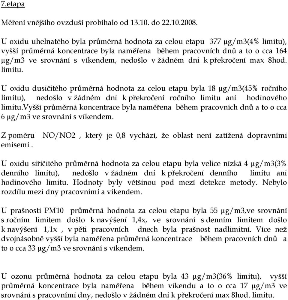 žádném dni k překročení max 8hod. limitu. U oxidu dusičitého průměrná hodnota za celou etapu byla 18 µg/m3(45% ročního limitu), nedošlo v žádném dni k překročení ročního limitu ani hodinového limitu.