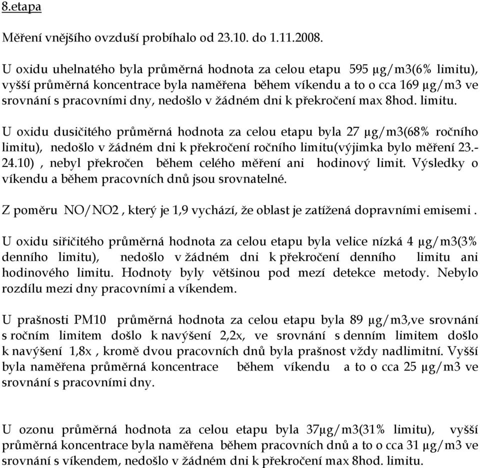 celou etapu byla 27 µg/m3(68% ročního limitu), nedošlo v žádném dni k překročení ročního limitu(výjimka bylo měření 23.- 24.10), nebyl překročen během celého měření ani hodinový limit.