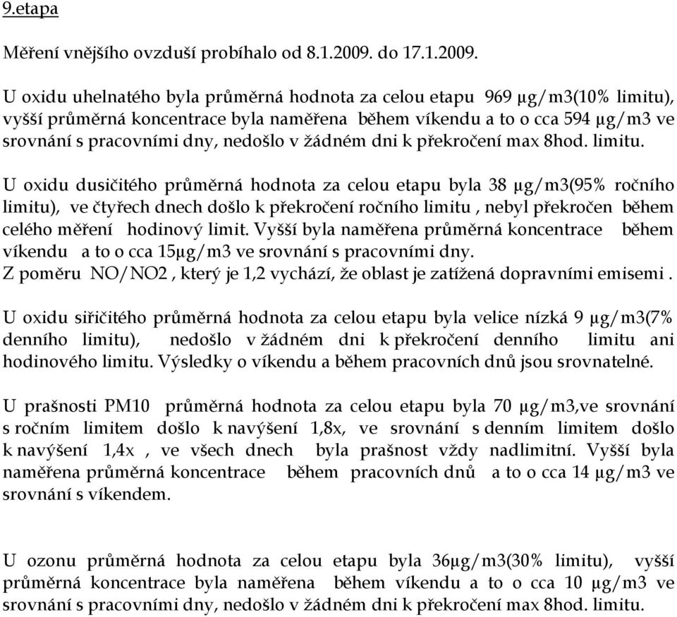 U oxidu uhelnatého byla průměrná hodnota za celou etapu 969 µg/m3(10% limitu), vyšší průměrná koncentrace byla naměřena během víkendu a to o cca 594 µg/m3 ve U oxidu dusičitého průměrná hodnota za