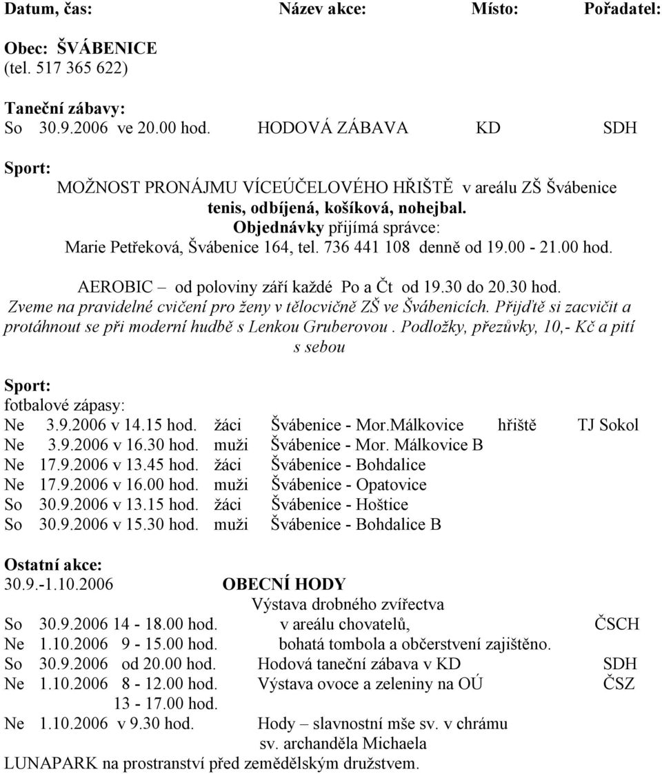 Zveme na pravidelné cvičení pro ženy v tělocvičně ZŠ ve Švábenicích. Přijďtě si zacvičit a protáhnout se při moderní hudbě s Lenkou Gruberovou. Podložky, přezůvky, 10,- Kč a pití s sebou Ne 3.9.