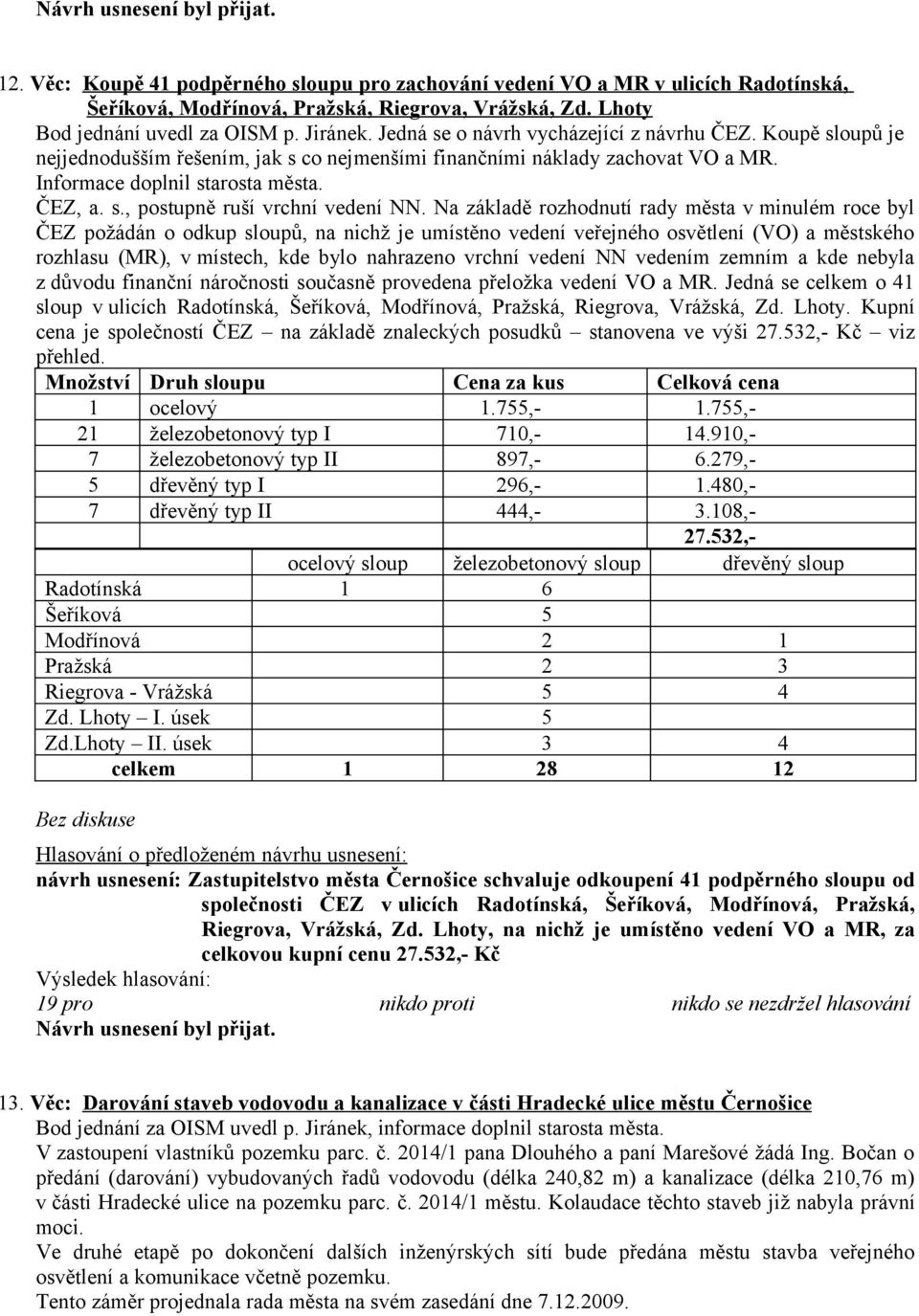 Na základě rozhodnutí rady města v minulém roce byl ČEZ požádán o odkup sloupů, na nichž je umístěno vedení veřejného osvětlení (VO) a městského rozhlasu (MR), v místech, kde bylo nahrazeno vrchní