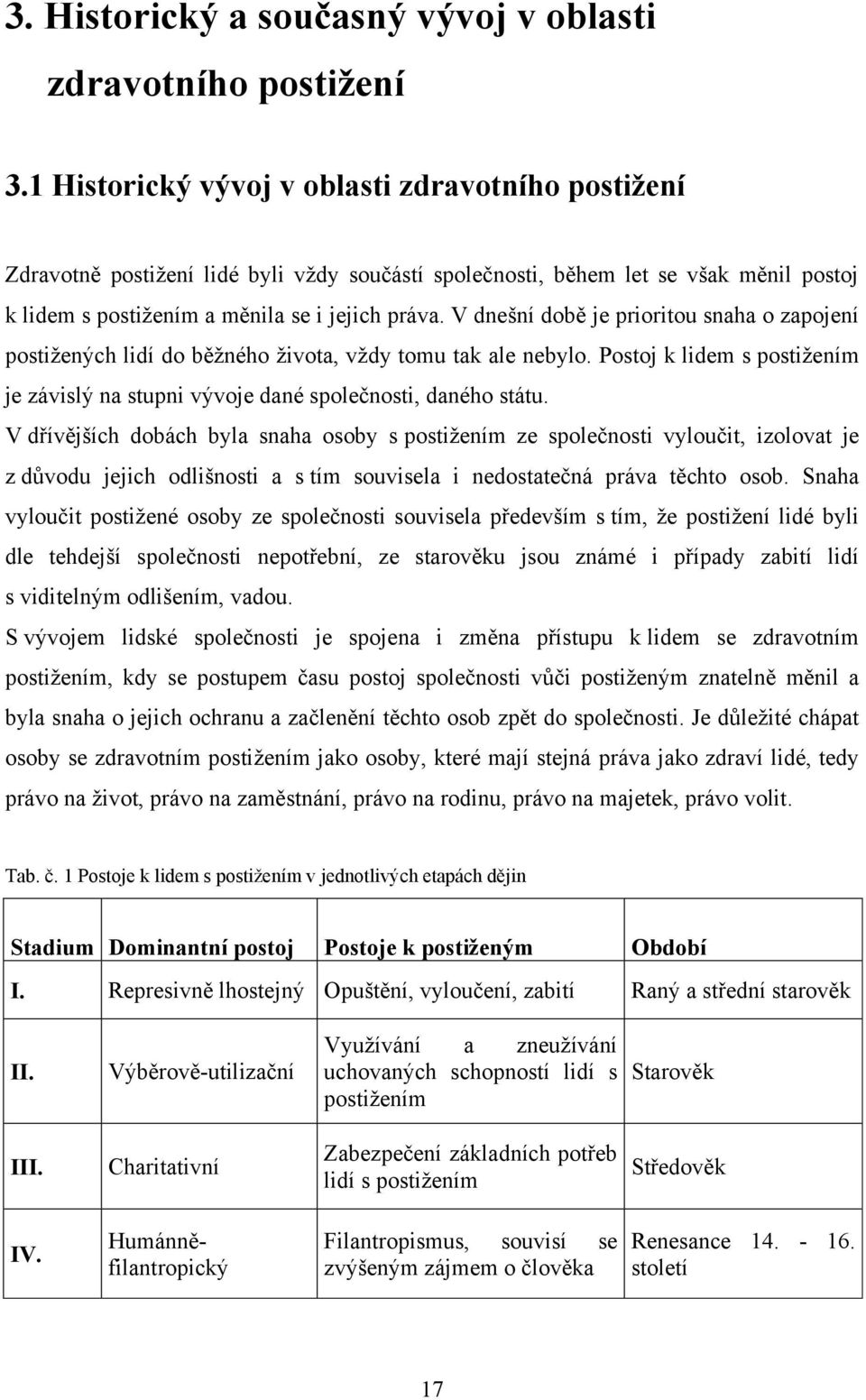 V dnešní době je prioritou snaha o zapojení postiţených lidí do běţného ţivota, vţdy tomu tak ale nebylo. Postoj k lidem s postiţením je závislý na stupni vývoje dané společnosti, daného státu.