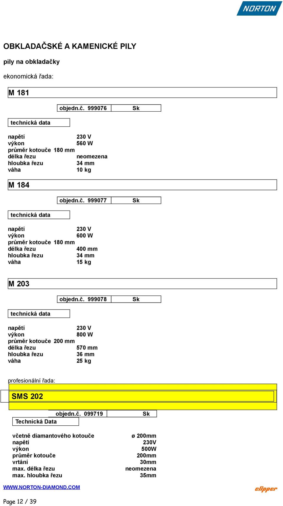 č. 999078 Sk technická data napětí 230 V 800 W průměr kotouče 200 mm délka řezu 570 mm hloubka řezu 36 mm 25 kg profesionální řada: SMS 202 objedn.č. 099719 Technická Data včetně diamantového kotouče napětí průměr kotouče max.