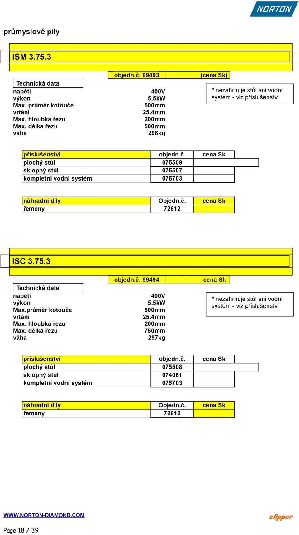 plochý stůl 075509 sklopný stůl 075507 kompletní vodní systém 075703 náhradní díly Objedn.č. řemeny 72612 ISC 3.75.3 napětí Max.průměr kotouče Max.