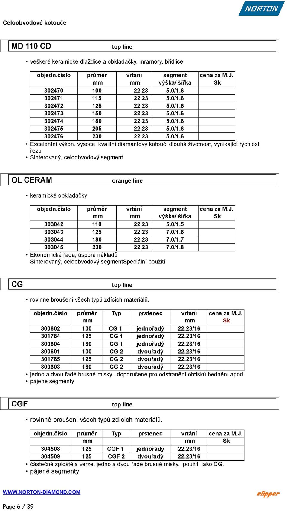 dlouhá životnost, vynikající rychlost řezu Sinterovaný, celoobvodový segment. OL CERAM orange line keramické obkladačky objedn.číslo průměr segment cena za M.J. 303042 110 22,23 5.0/1.