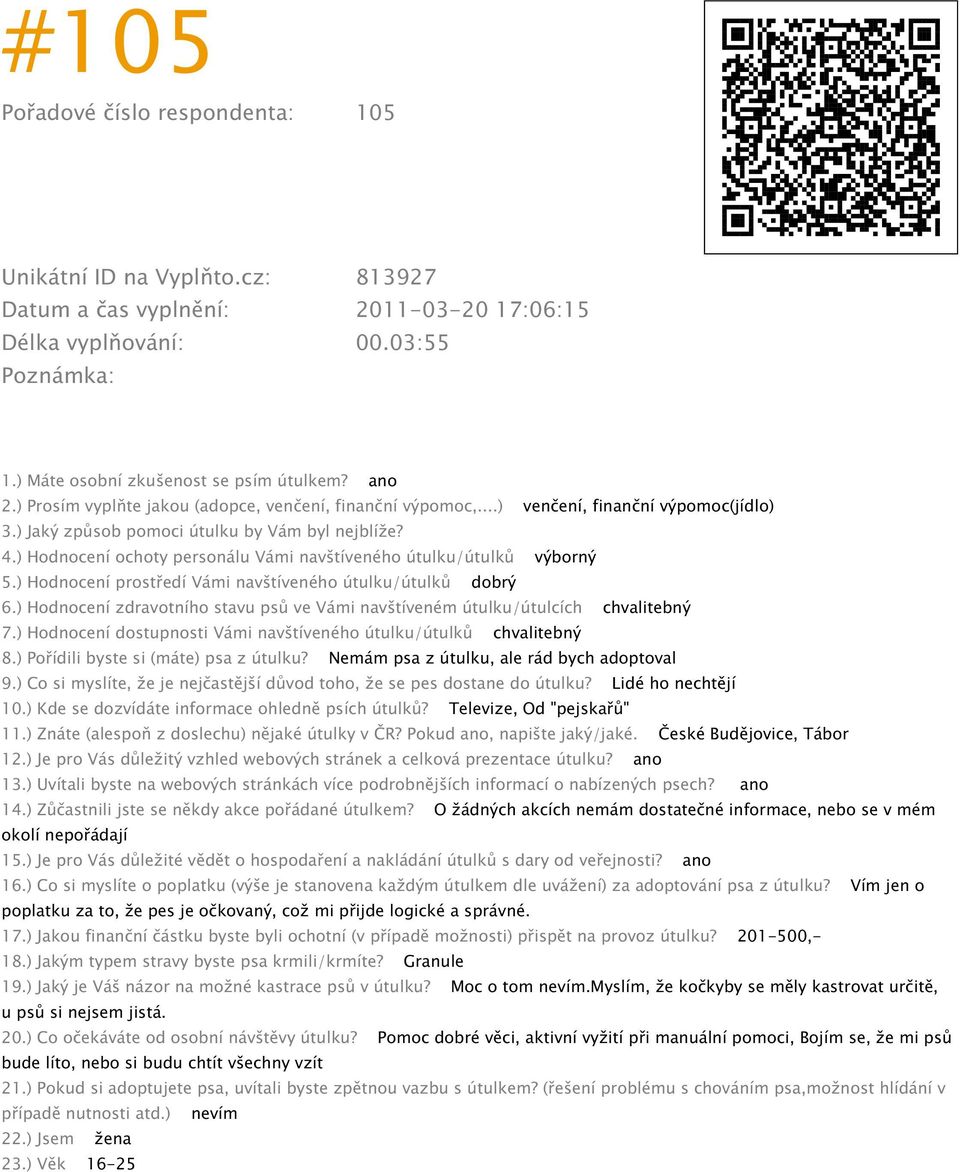 Nemám psa z útulku, ale rád bych adoptoval 9.) Co si myslíte, že je nejčastější důvod toho, že se pes dostane do útulku? Lidé ho nechtějí 10.) Kde se dozvídáte informace ohledně psích útulků?