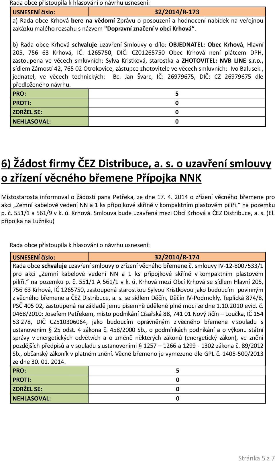 Sylva Kristková, starostka a ZHOTOVITEL: NVB LINE s.r.o., sídlem Zámostí 42, 765 02 Otrokovice, zástupce zhotovitele ve věcech smluvních: Ivo Balusek, jednatel, ve věcech technických: Bc.