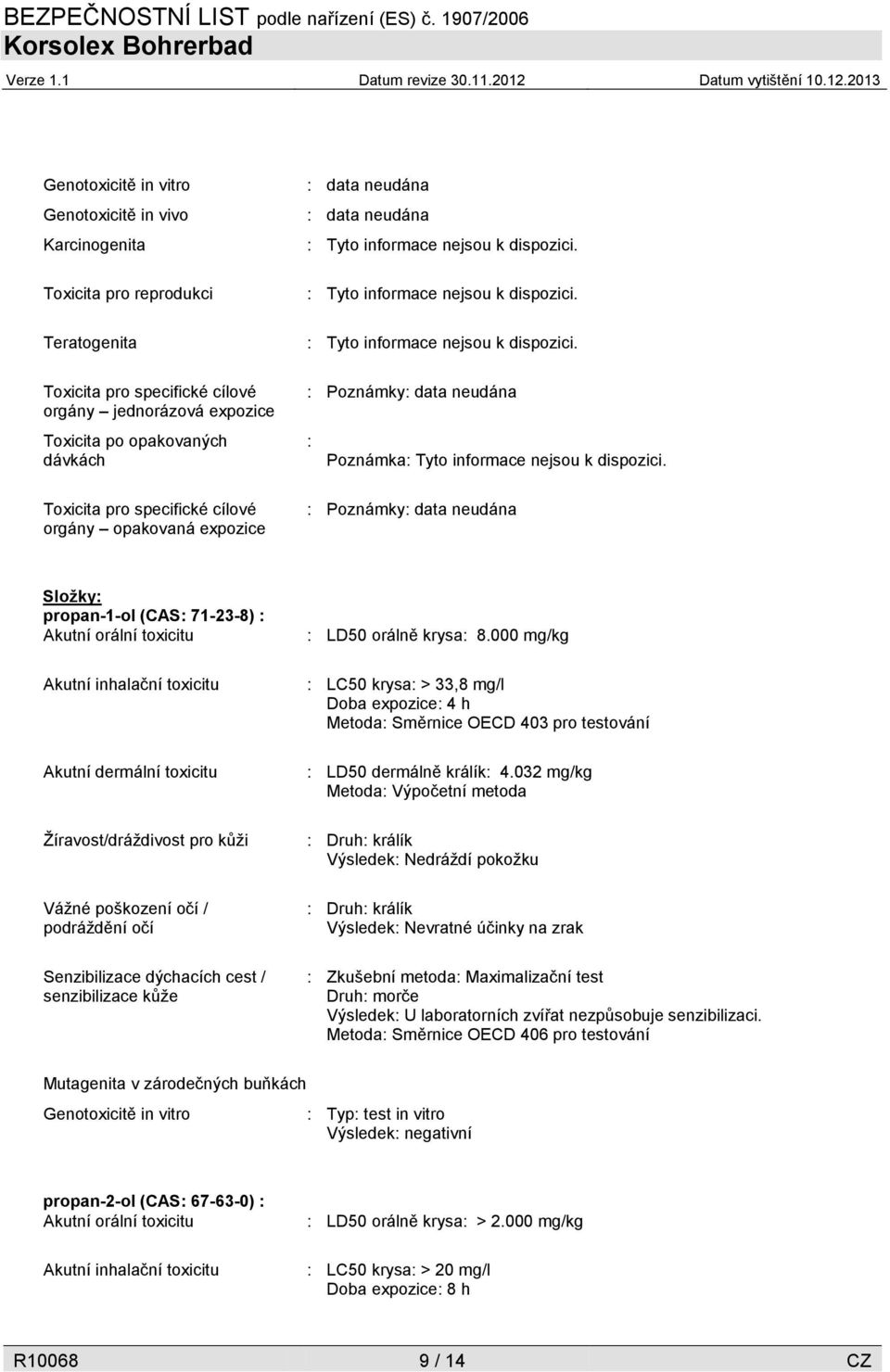 : Poznámky Složky: propan-1-ol (CAS: 71-23-8) : Akutní orální toxicitu Akutní inhalační toxicitu Akutní dermální toxicitu Žíravost/dráždivost pro kůži Vážné poškození očí / podráždění očí