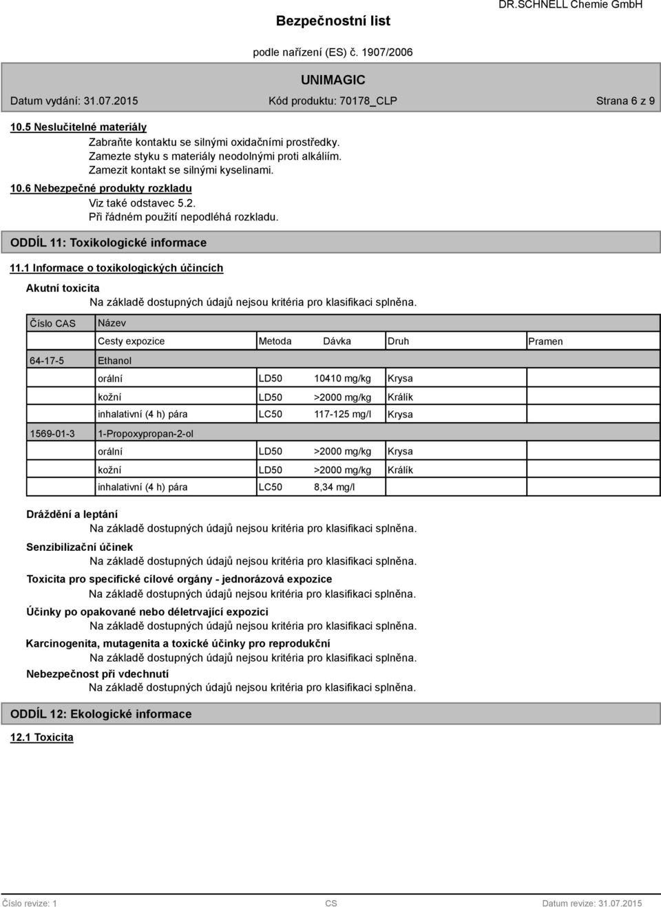 1 Informace o toxikologických účincích Akutní toxicita Název Cesty expozice Metoda Dávka Druh Pramen 64-17-5 Ethanol orální LD50 10410 mg/kg Krysa kožní LD50 >2000 mg/kg Králík inhalativní (4 h) pára