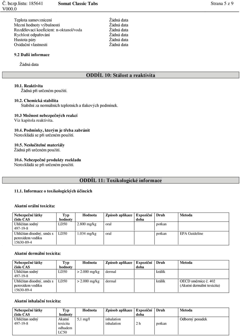 10.4. Podmínky, kterým je třeba zabránit Nerozkládá se při určeném použití. 10.5. Neslučitelné materiály Žádná při určeném použití. 10.6.