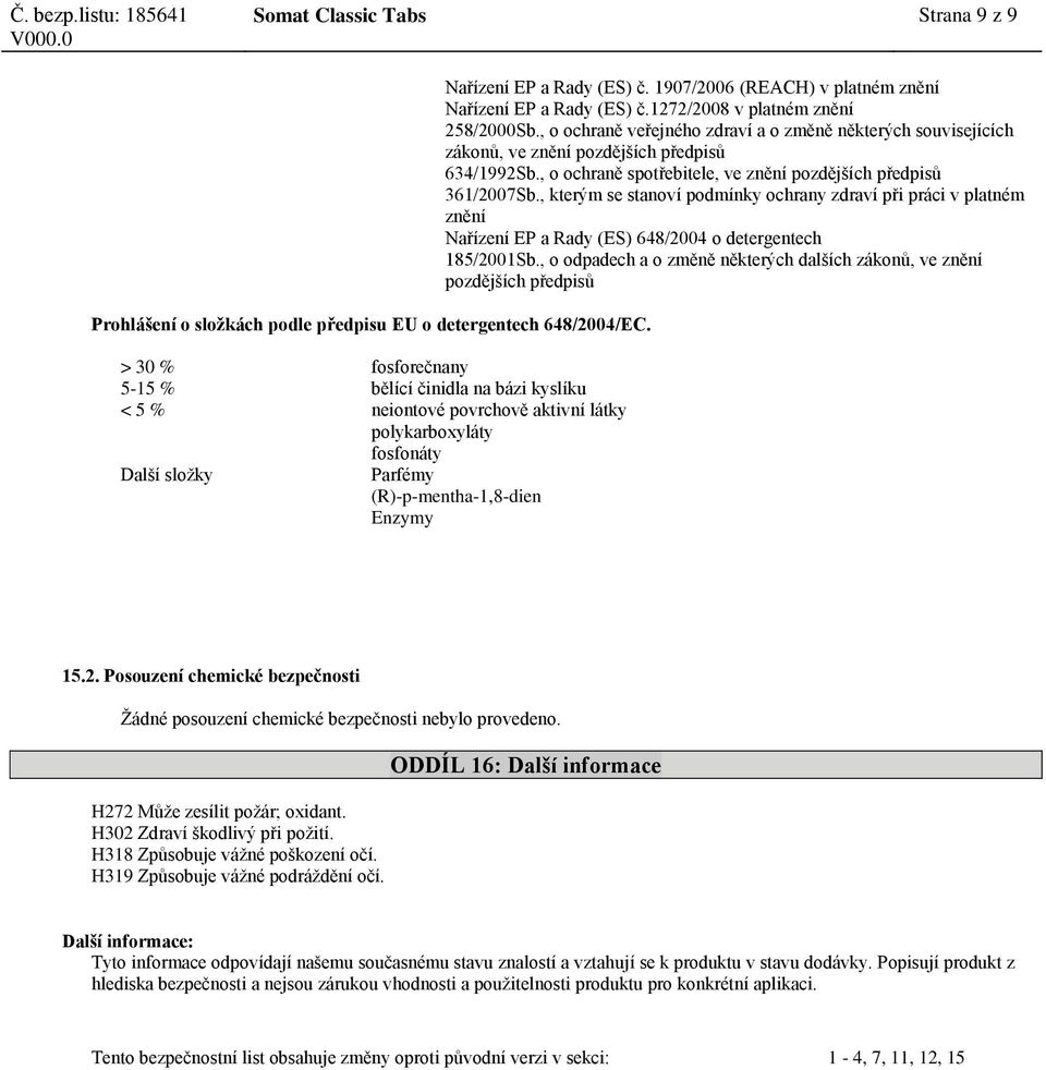 1907/2006 (REACH) v platném znění Nařízení EP a Rady (ES) č.1272/2008 v platném znění 258/2000Sb.