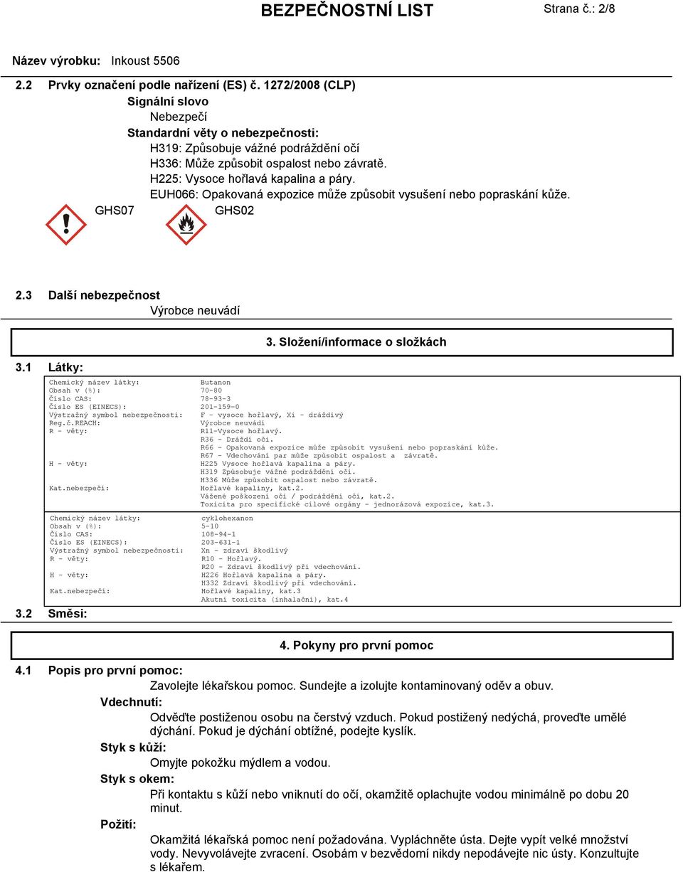EUH066: Opakovaná expozice může způsobit vysušení nebo popraskání kůže. GHS07 GHS02 2.3 Další nebezpečnost 3. Složení/informace o složkách 3.1 3.