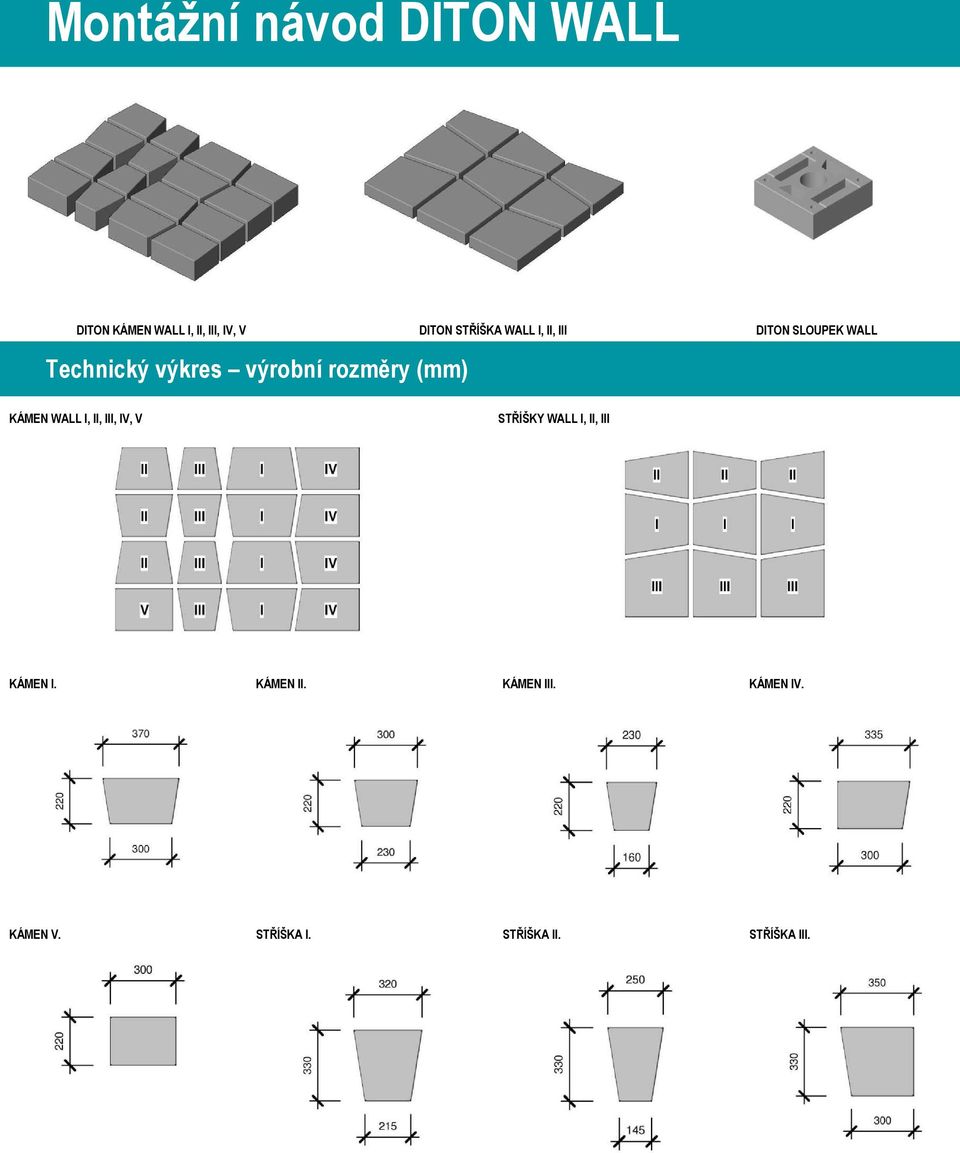 rozměry (mm) KÁMEN WALL I, II, III, IV, V STŘÍŠKY WALL I, II, III KÁMEN