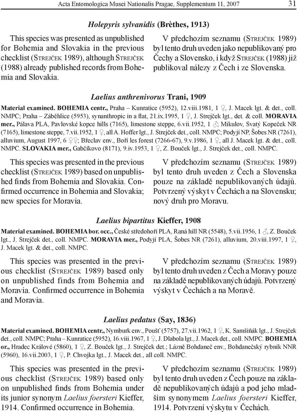 Holepyris sylvanidis (Brèthes, 1913) Laelius anthrenivorus Trani, 1909 byl tento druh uveden jako nepublikovaný pro Čechy a Slovensko, i když STREJČEK (1988) již publikoval nálezy z Čech i ze