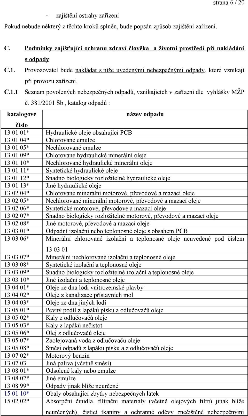 C.1.1 katalogové s odpady Provozovatel bude nakládat s níže uvedenými nebezpečnými odpady, které vznikají při provozu zařízení.