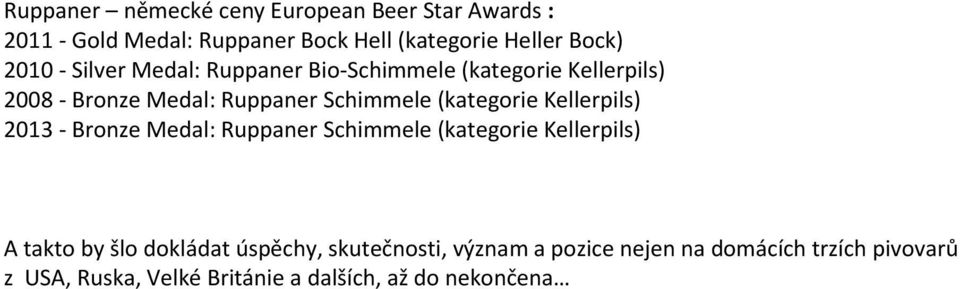 (kategorie Kellerpils) 2013 - Bronze Medal: Ruppaner Schimmele (kategorie Kellerpils) A takto by šlo dokládat