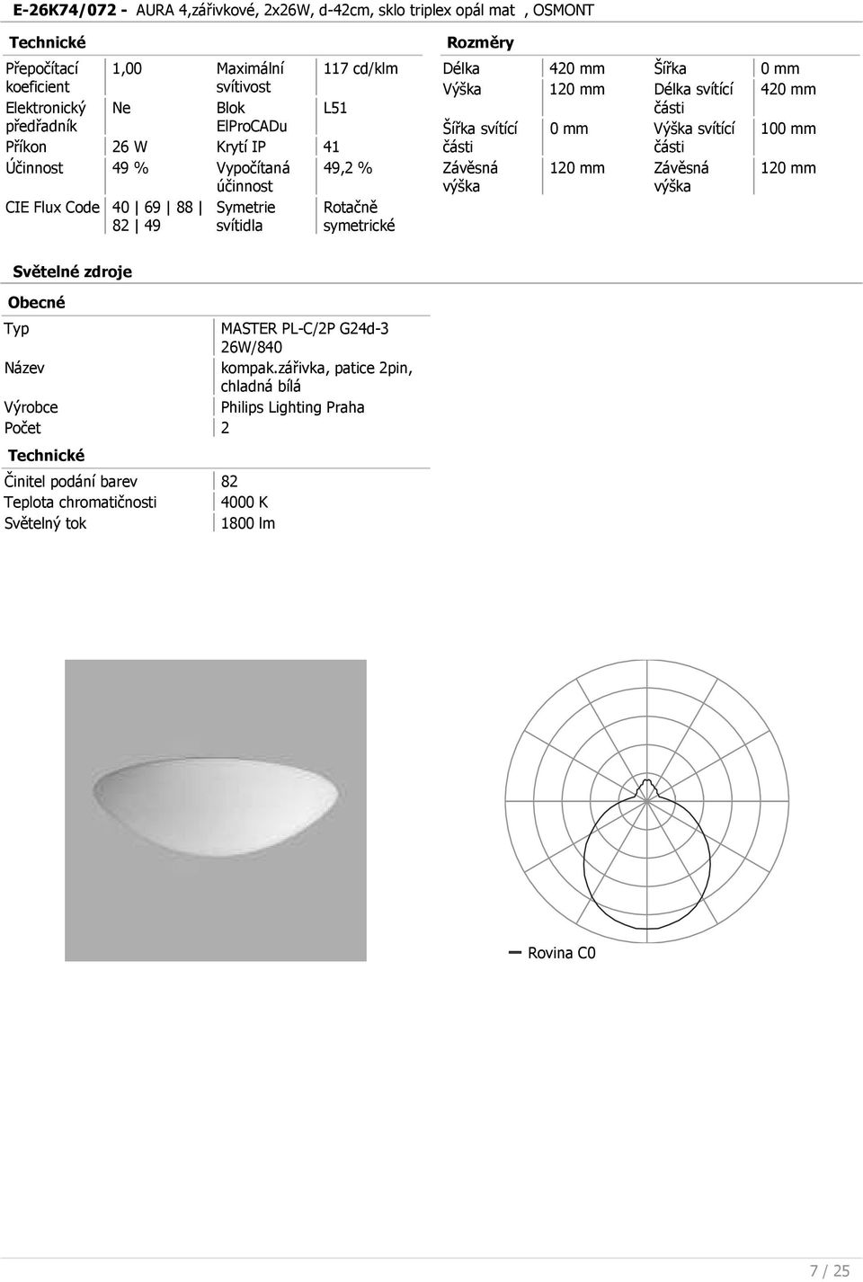 120 mm Délka svítící 420 mm části Šířka svítící 0 mm svítící 100 mm části části Závěsná výška 120 mm Závěsná výška 120 mm Světelné zdroje Typ MASTER PL-C/2P G24d-3 26W/840