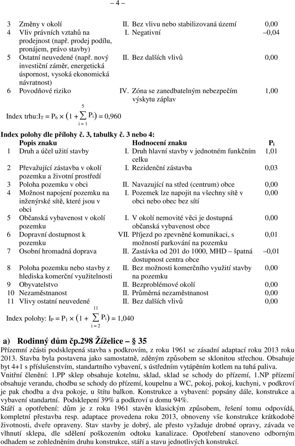 Zóna se zanedbatelným nebezpečím výskytu záplav 1,00 Index trhu:i T = P 6 (1 + P i) = 0,960 i = 1 5 Index polohy dle přílohy č. 3, tabulky č.